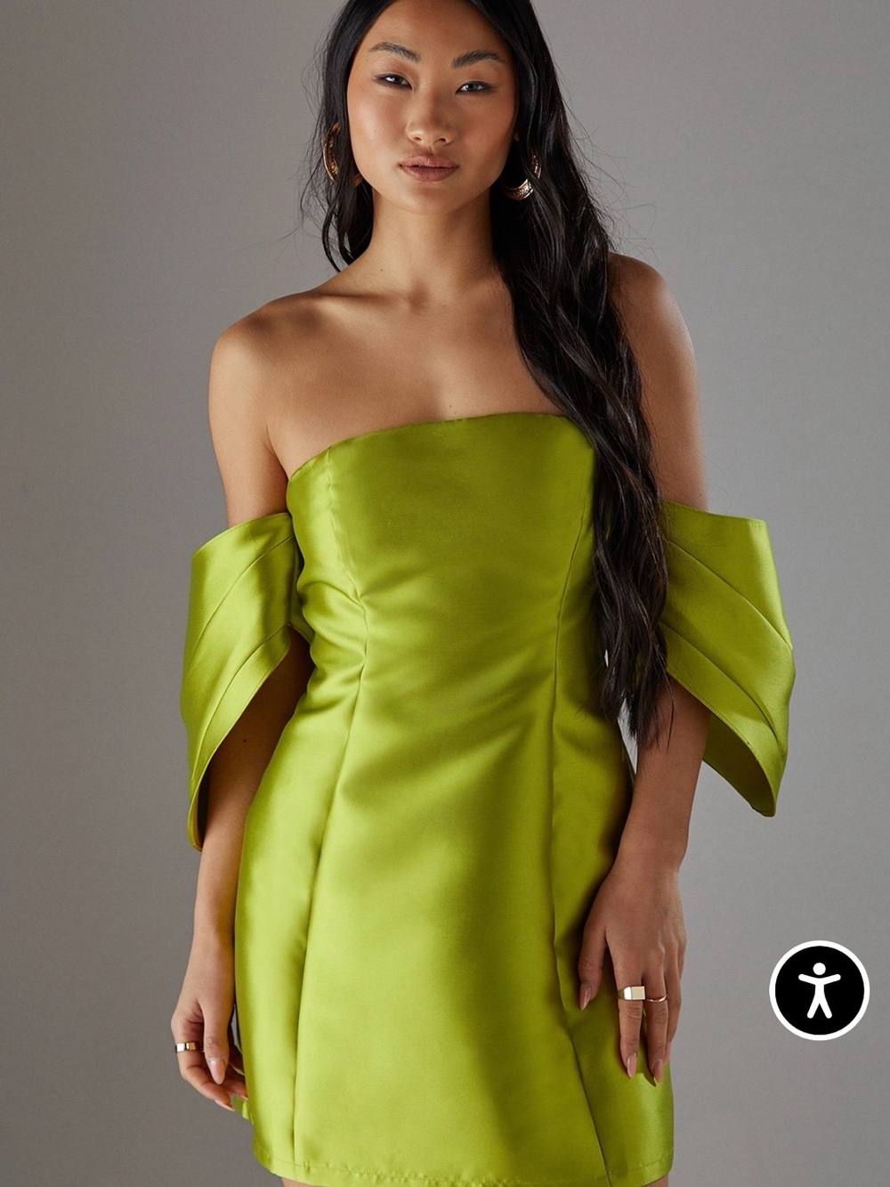 Warehouse Chartreuse Puff Sleeve Bardot Mini Dress